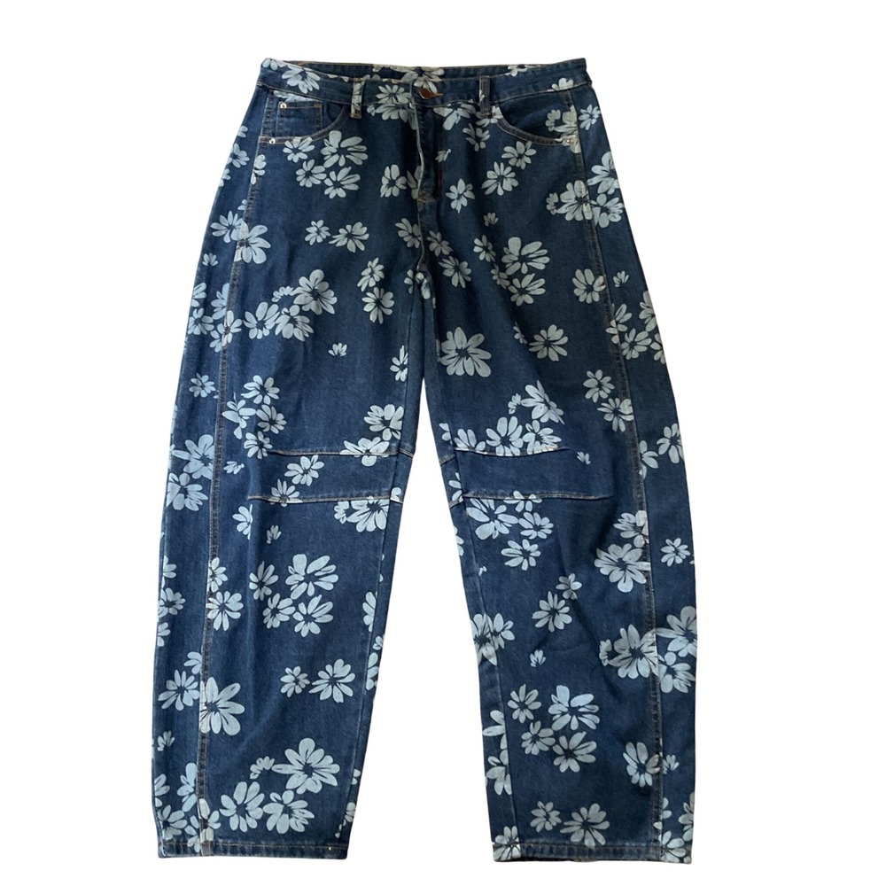 Loveimgs Women Blue Daisy Floral Print‎ Wide Leg Denim Jeans Size Large NWT